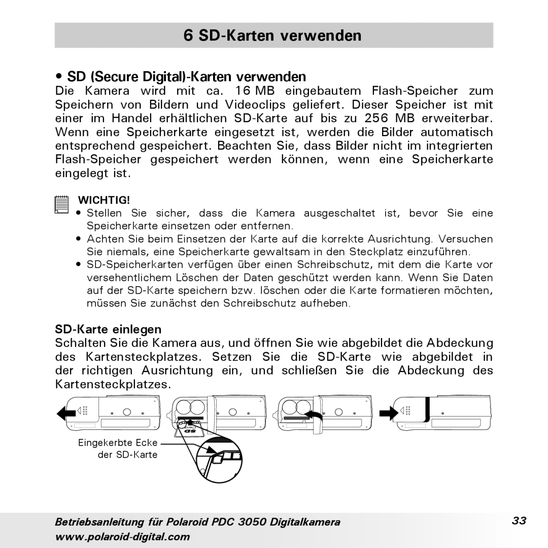 Polaroid PDC 3050 manual SD-Karten verwenden, SD Secure Digital-Karten verwenden, SD-Karte einlegen 