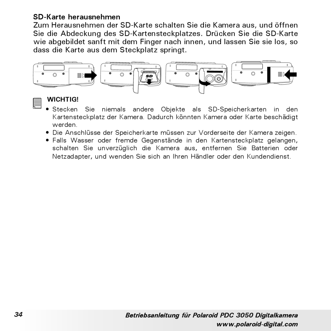 Polaroid PDC 3050 manual SD-Karte herausnehmen 