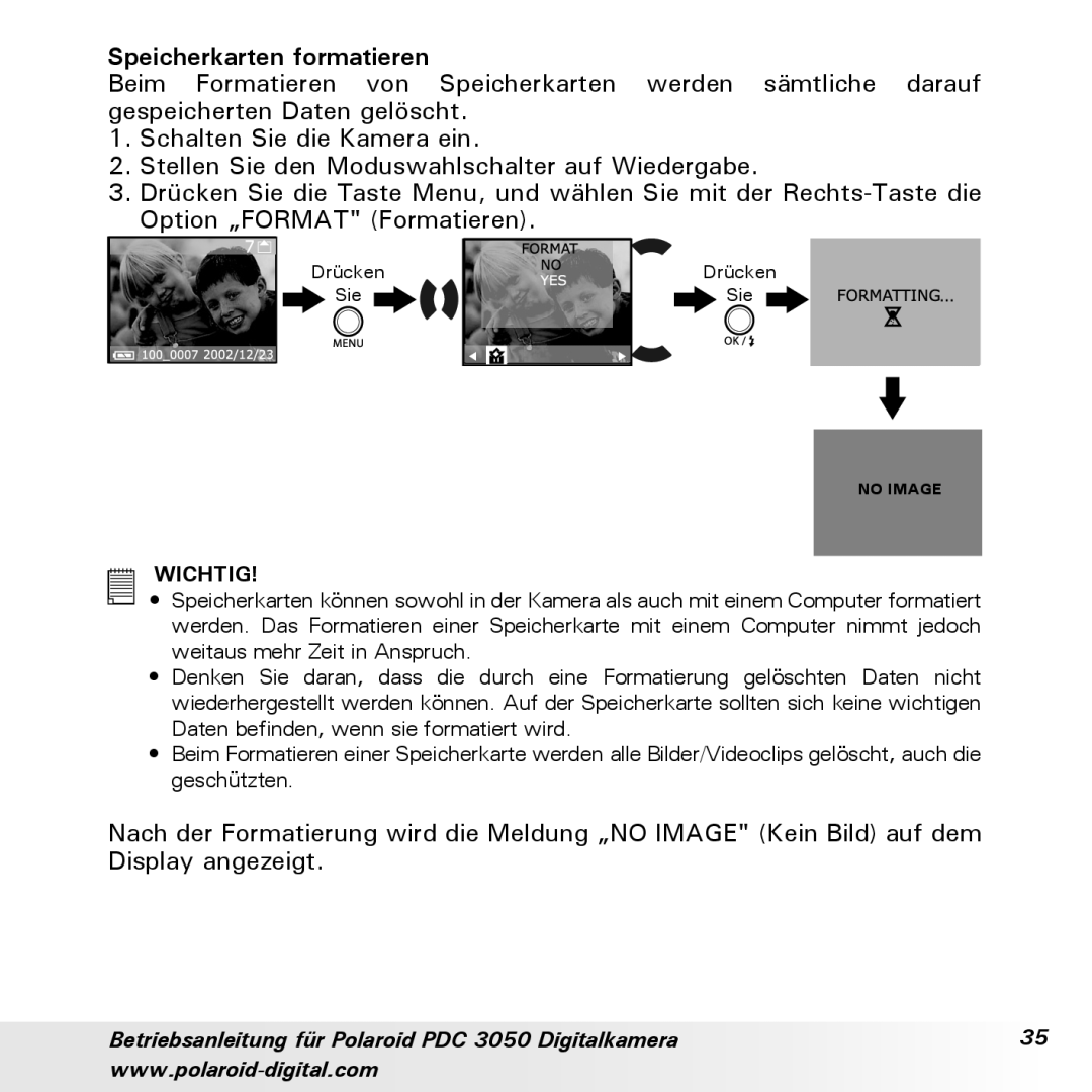 Polaroid PDC 3050 manual Speicherkarten formatieren 