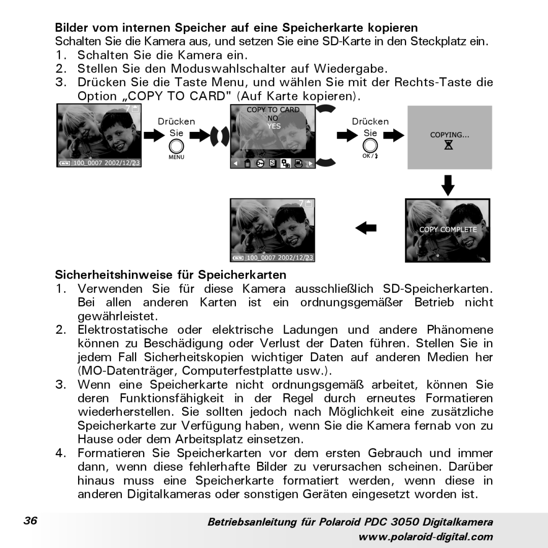 Polaroid PDC 3050 Bilder vom internen Speicher auf eine Speicherkarte kopieren, Sicherheitshinweise für Speicherkarten 