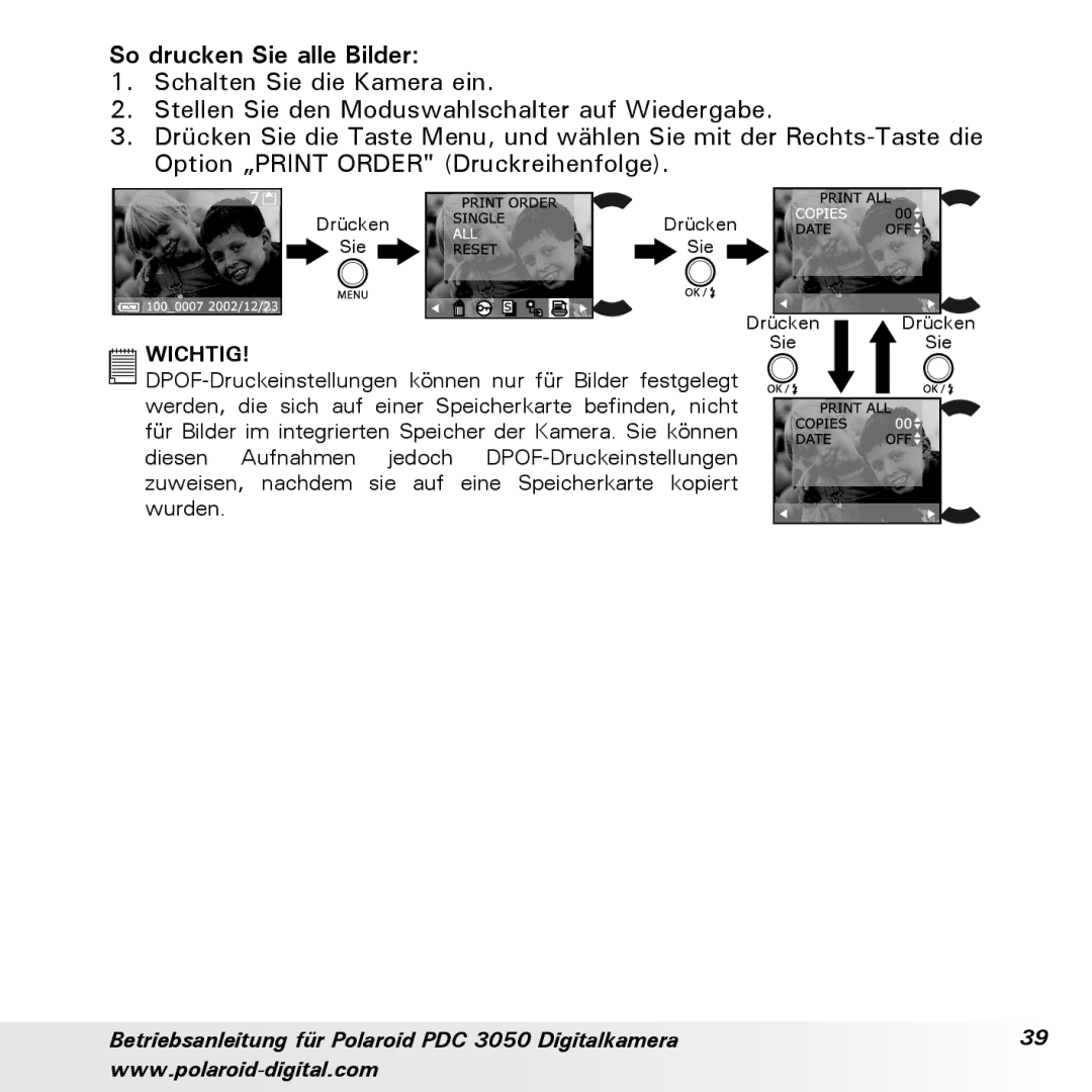 Polaroid PDC 3050 manual So drucken Sie alle Bilder 