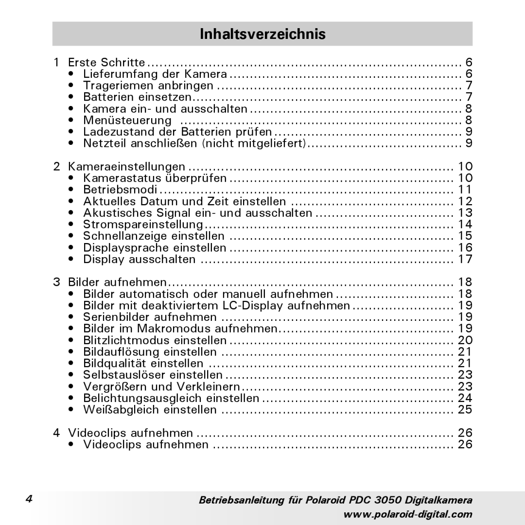 Polaroid PDC 3050 manual Inhaltsverzeichnis 