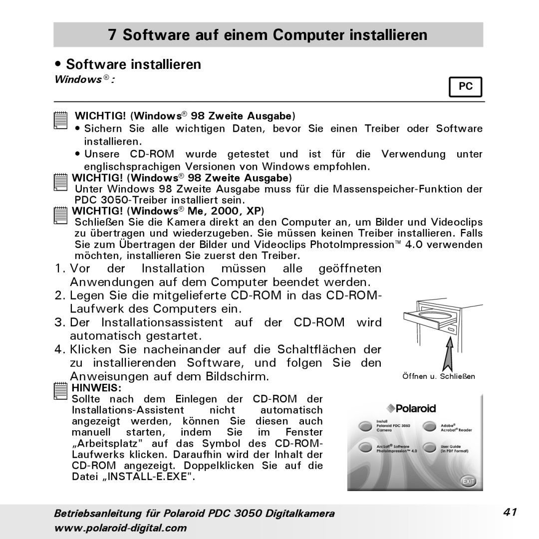 Polaroid PDC 3050 manual Software auf einem Computer installieren, Software installieren 