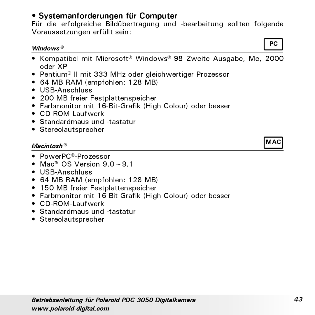 Polaroid PDC 3050 manual Systemanforderungen für Computer 