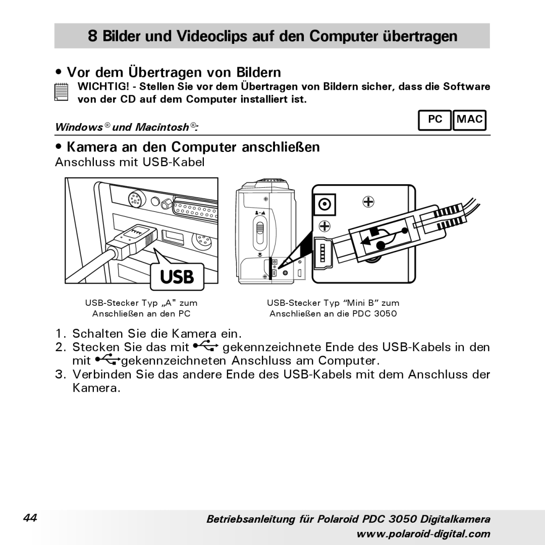 Polaroid PDC 3050 manual Bilder und Videoclips auf den Computer übertragen, Vor dem Übertragen von Bildern 