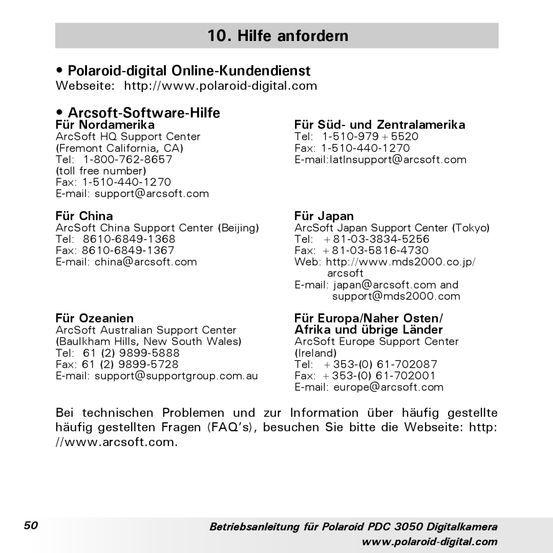 Polaroid PDC 3050 manual Hilfe anfordern, Arcsoft-Software-Hilfe, Für Nordamerika, Für China Für Japan 