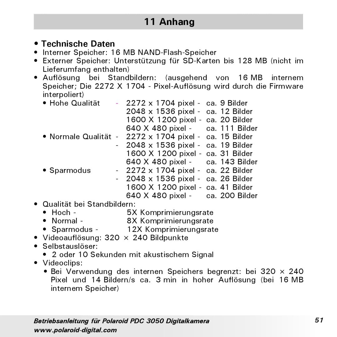 Polaroid PDC 3050 manual Anhang, Technische Daten 