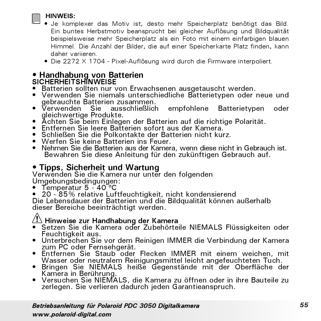 Polaroid PDC 3050 manual Handhabung von Batterien, Tipps, Sicherheit und Wartung, Hinweise zur Handhabung der Kamera 