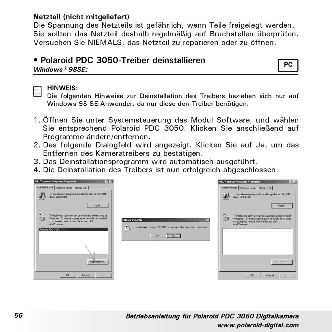 Polaroid manual Polaroid PDC 3050-Treiber deinstallieren, Netzteil nicht mitgeliefert 