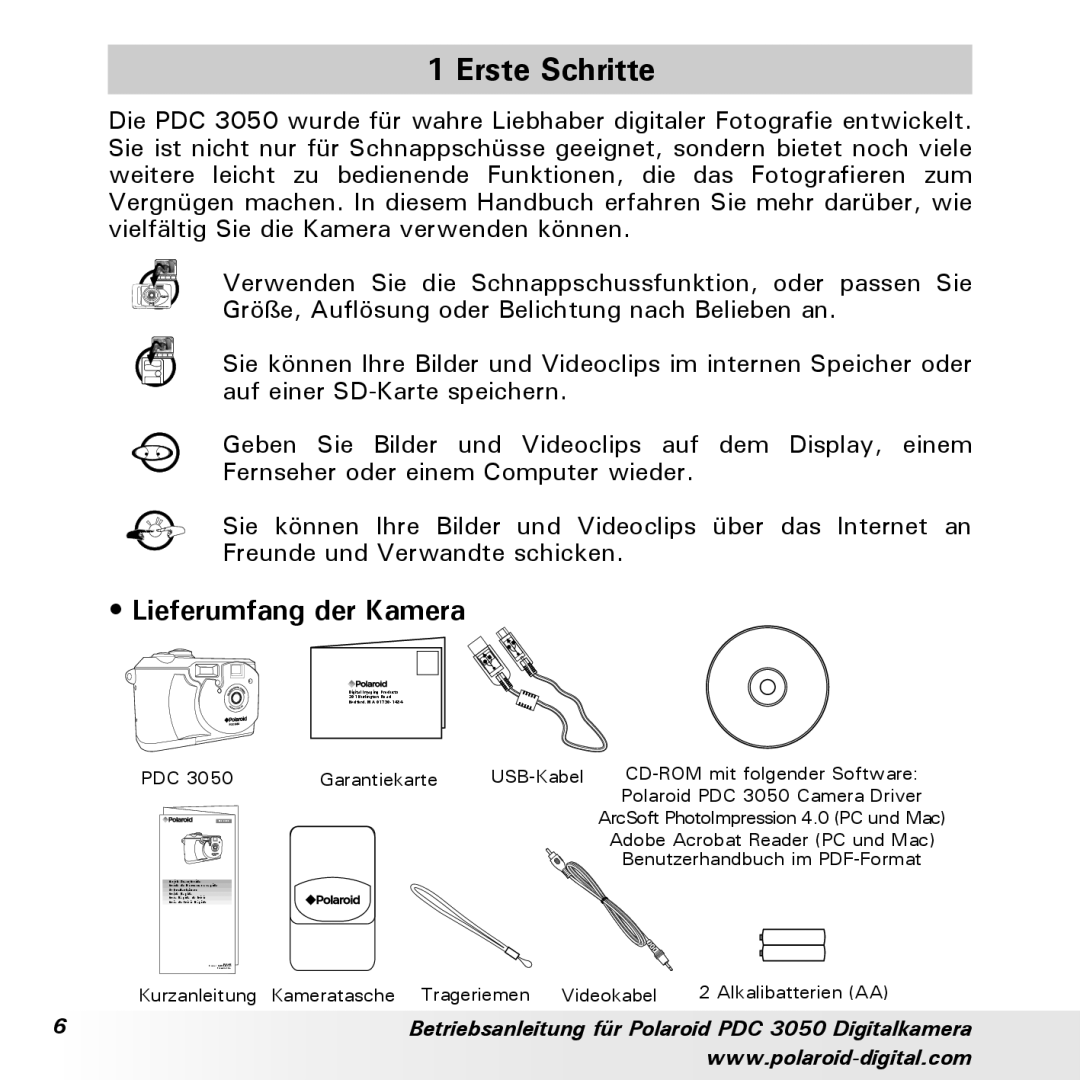Polaroid PDC 3050 manual Erste Schritte, Lieferumfang der Kamera 