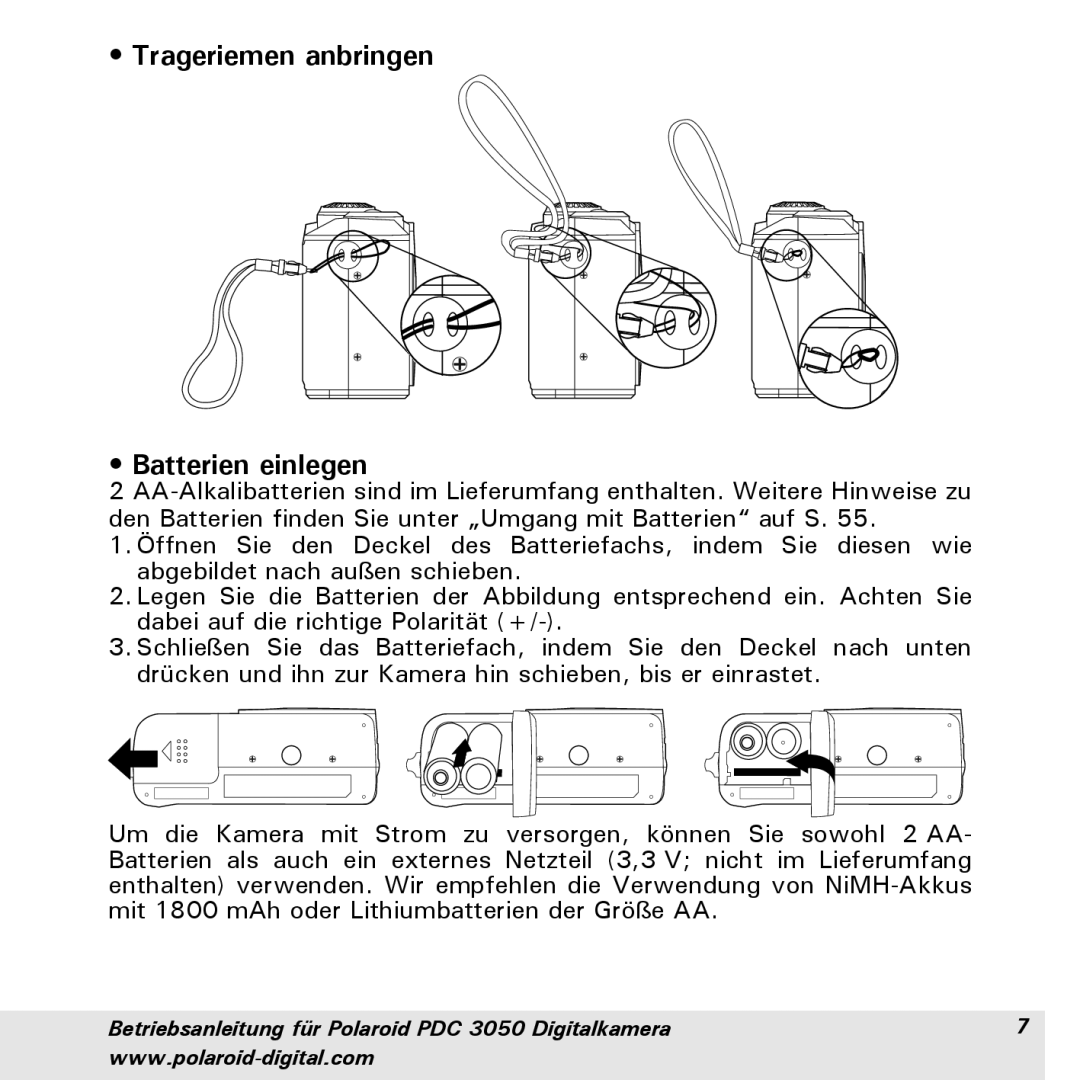 Polaroid PDC 3050 manual Trageriemen anbringen Batterien einlegen 