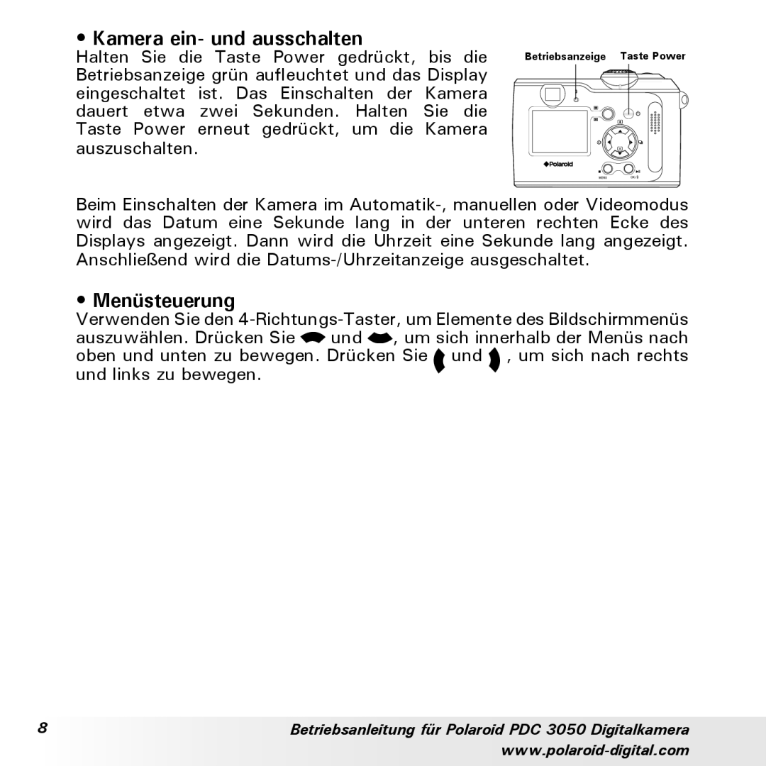 Polaroid PDC 3050 manual Kamera ein- und ausschalten, Menüsteuerung 