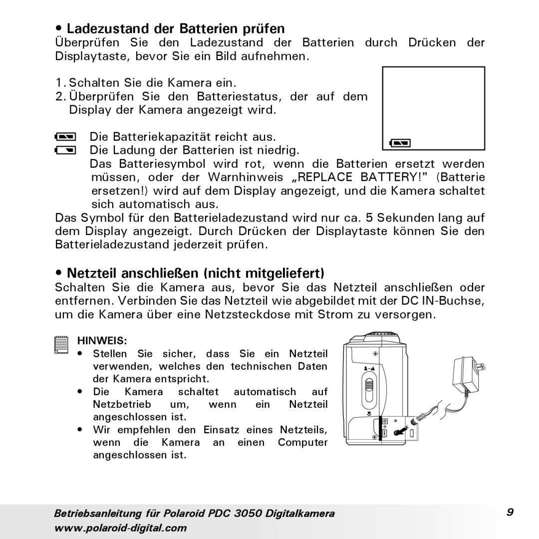 Polaroid PDC 3050 manual Ladezustand der Batterien prüfen, Netzteil anschließen nicht mitgeliefert 