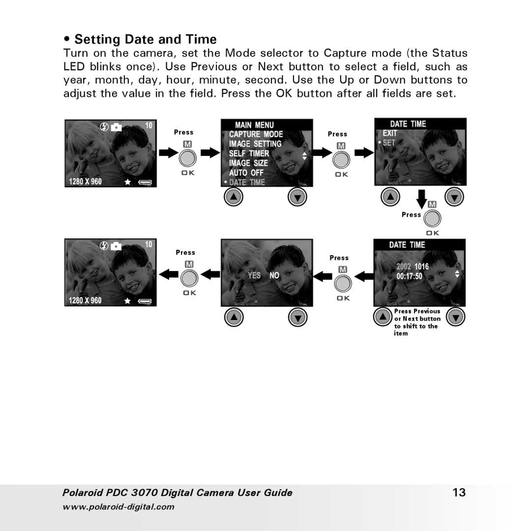 Polaroid PDC 3070 manual Setting Date and Time 