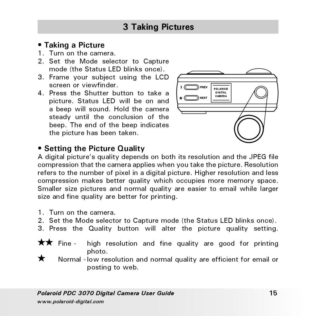 Polaroid PDC 3070 manual Taking Pictures, Taking a Picture, Setting the Picture Quality 