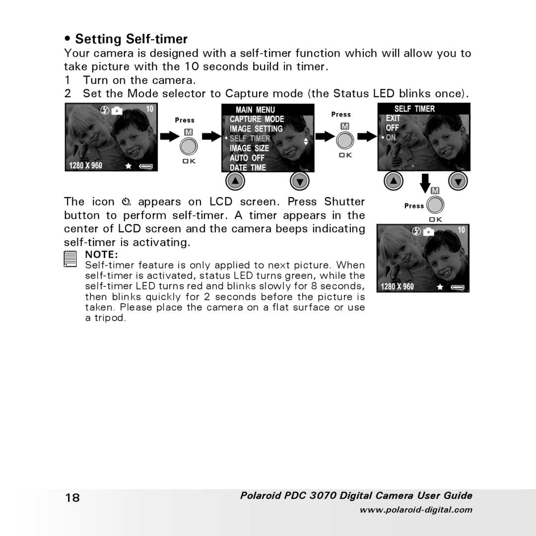 Polaroid PDC 3070 manual Setting Self-timer 