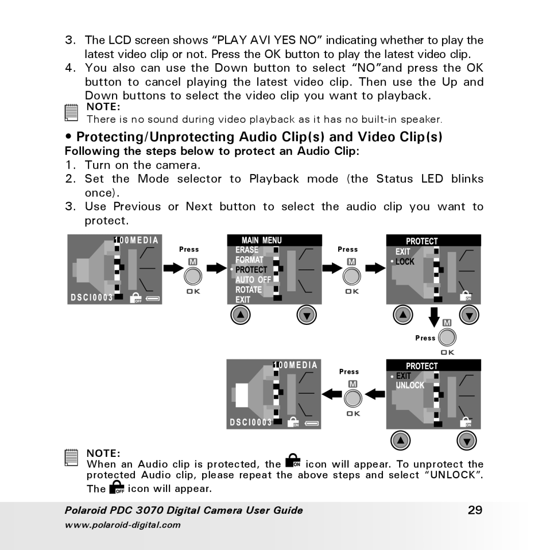 Polaroid PDC 3070 Protecting/Unprotecting Audio Clips and Video Clips, Following the steps below to protect an Audio Clip 