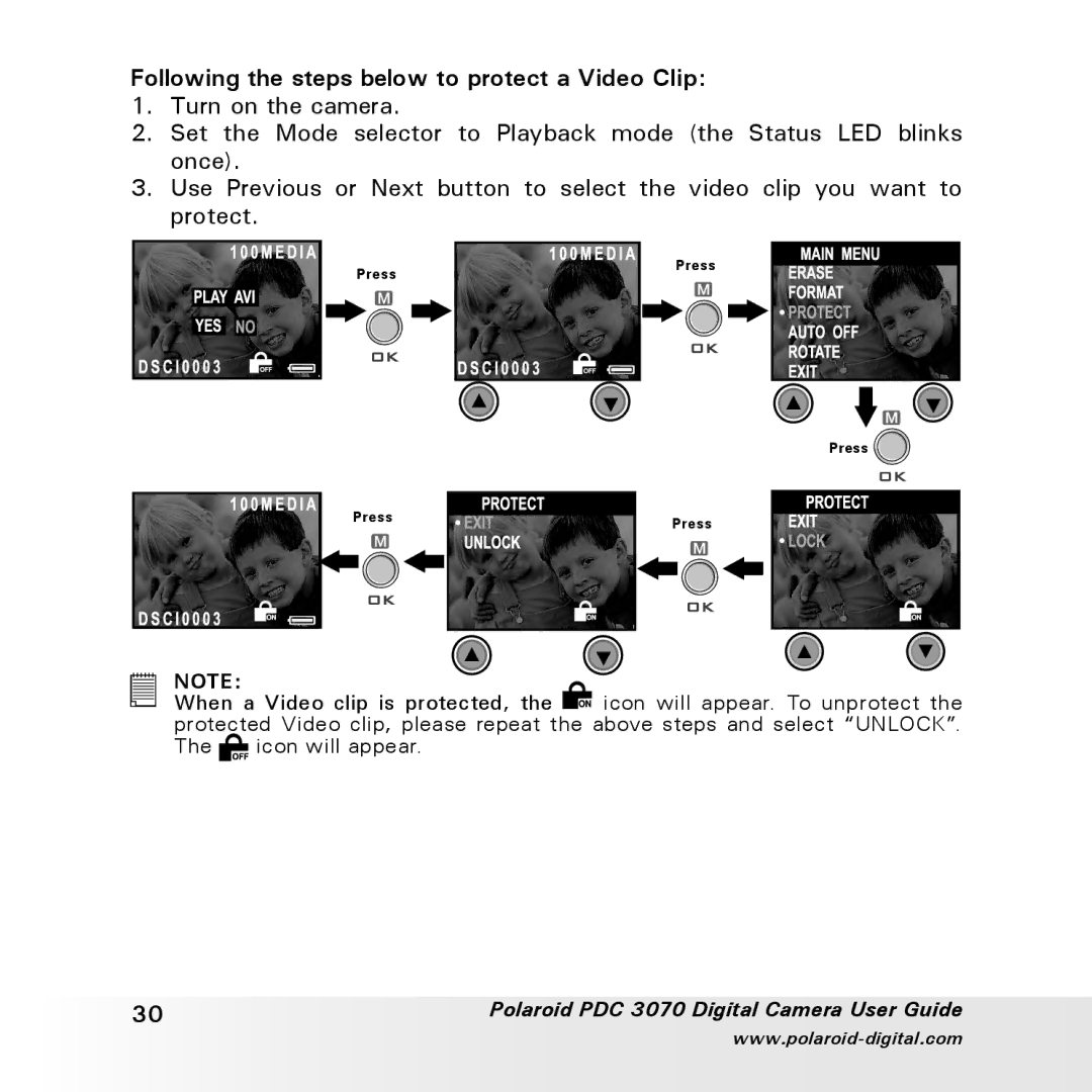 Polaroid PDC 3070 manual Following the steps below to protect a Video Clip 