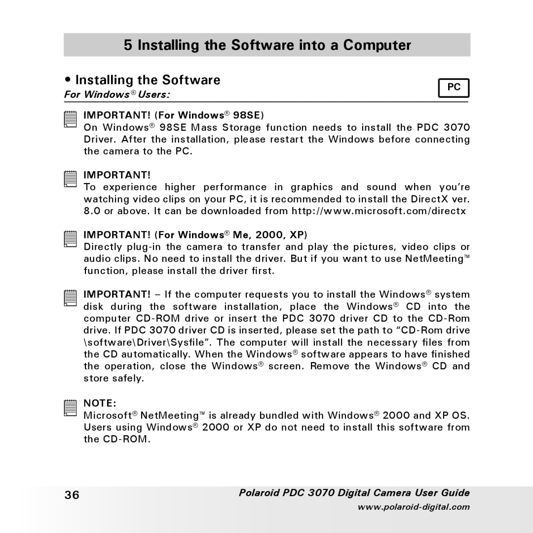 Polaroid PDC 3070 manual Installing the Software into a Computer 