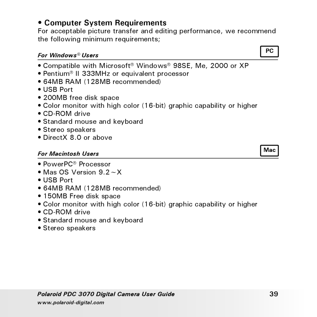 Polaroid PDC 3070 manual Computer System Requirements 