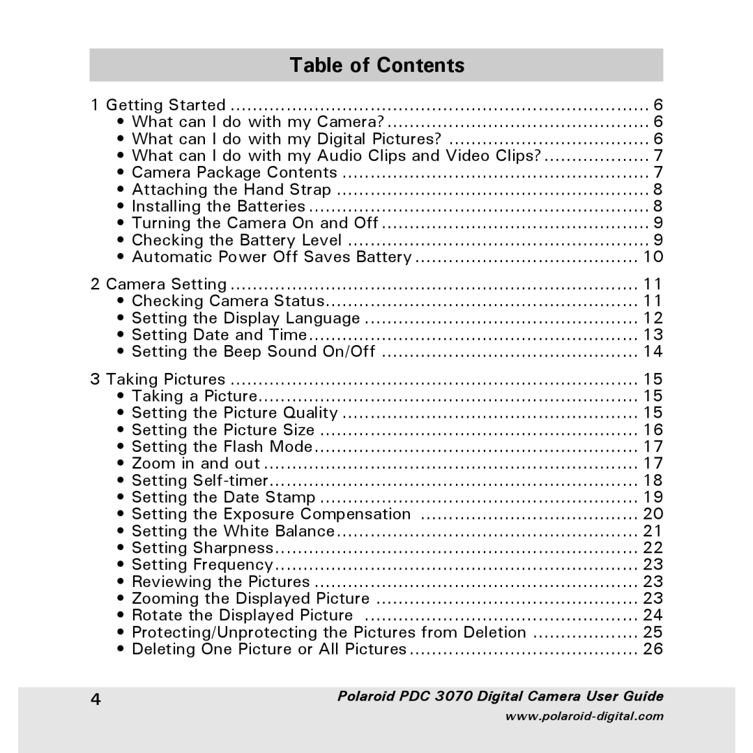 Polaroid PDC 3070 manual Table of Contents 