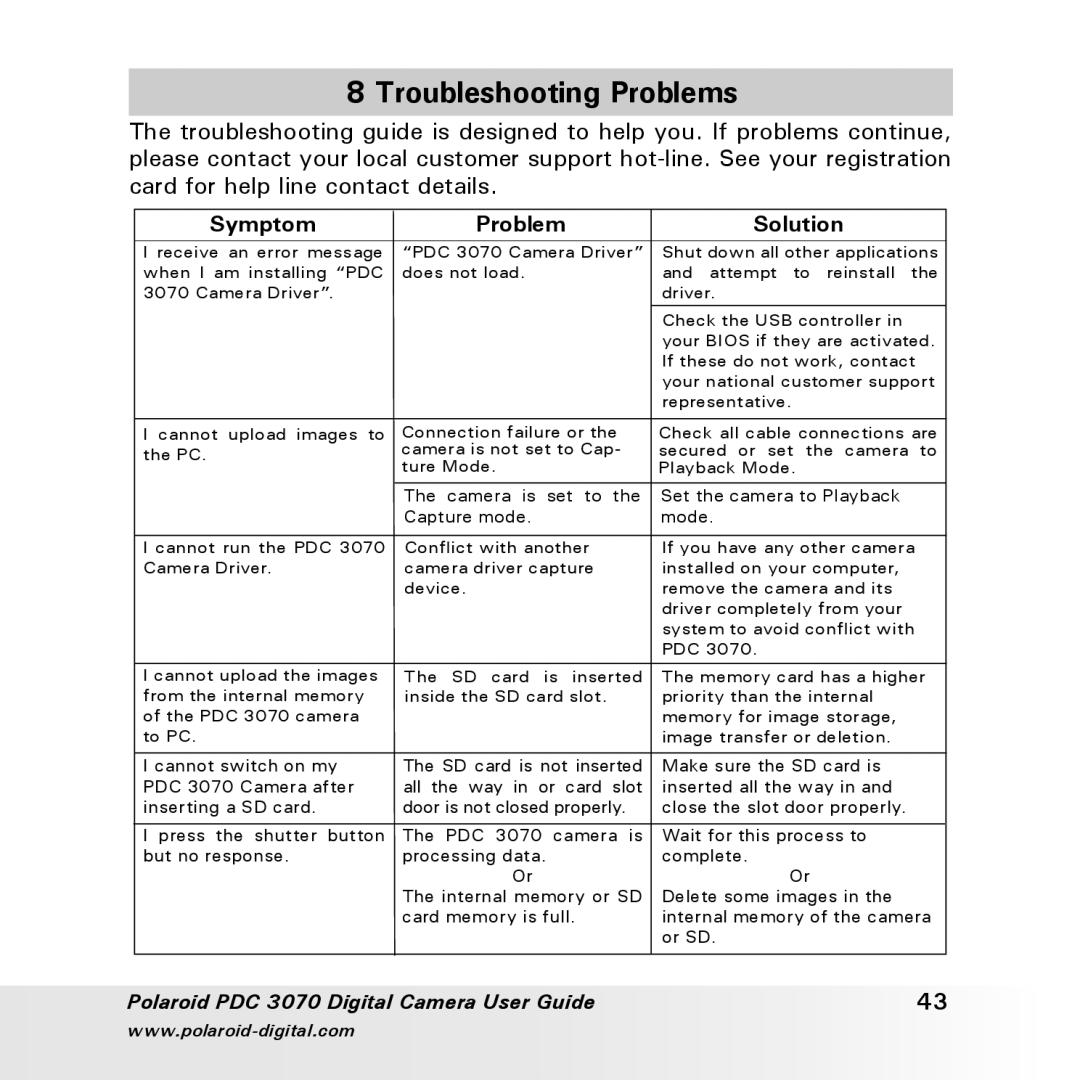 Polaroid PDC 3070 manual Troubleshooting Problems, Symptom Problem Solution 