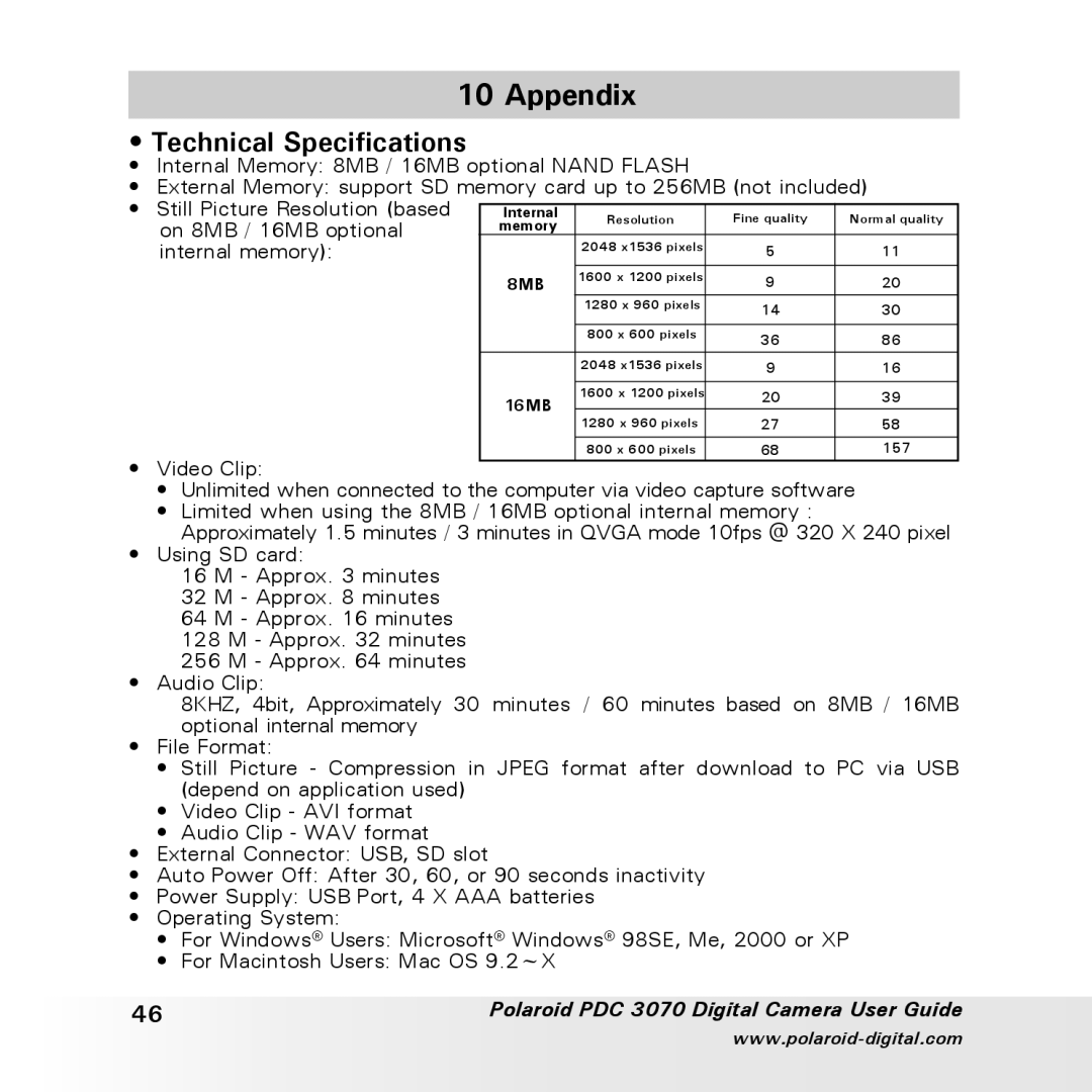 Polaroid PDC 3070 manual Appendix, Technical Specifications 