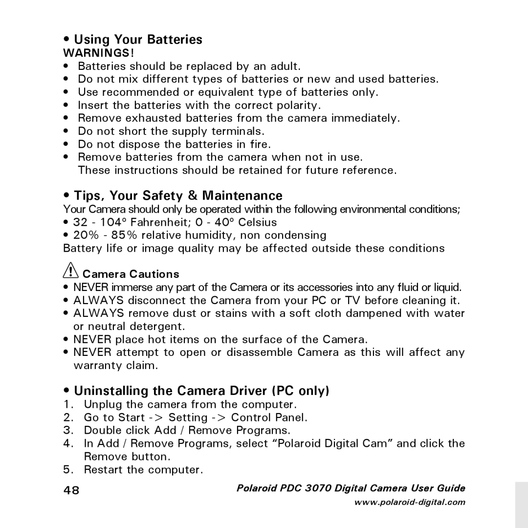 Polaroid PDC 3070 manual Using Your Batteries, Tips, Your Safety & Maintenance, Uninstalling the Camera Driver PC only 