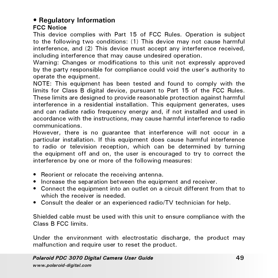 Polaroid PDC 3070 manual Regulatory Information, FCC Notice 