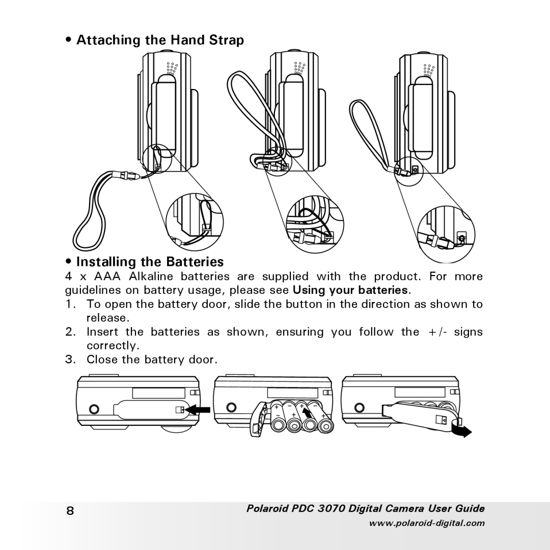 Polaroid PDC 3070 manual Attaching the Hand Strap Installing the Batteries 