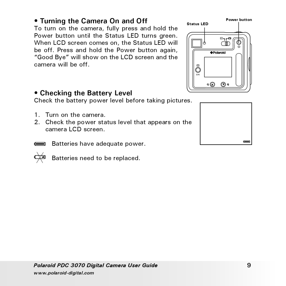 Polaroid PDC 3070 manual Turning the Camera On and Off, Checking the Battery Level 