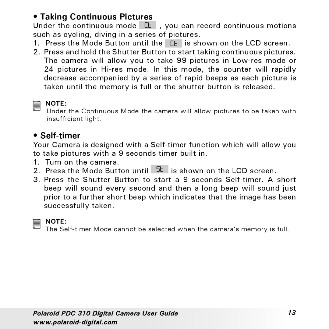 Polaroid PDC 310 manual Taking Continuous Pictures, Self-timer 