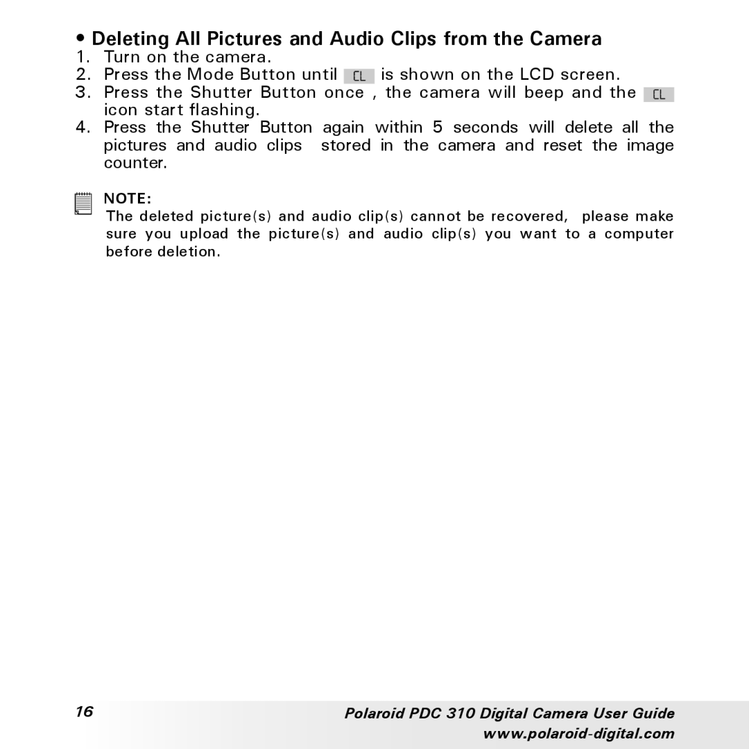 Polaroid PDC 310 manual Deleting All Pictures and Audio Clips from the Camera 