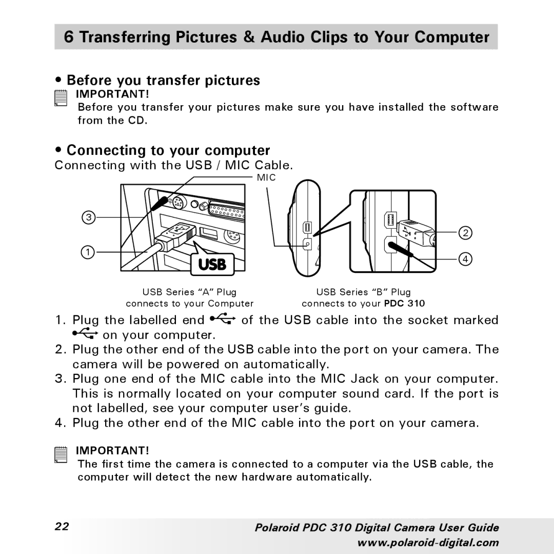 Polaroid PDC 310 manual Transferring Pictures & Audio Clips to Your Computer, Before you transfer pictures 