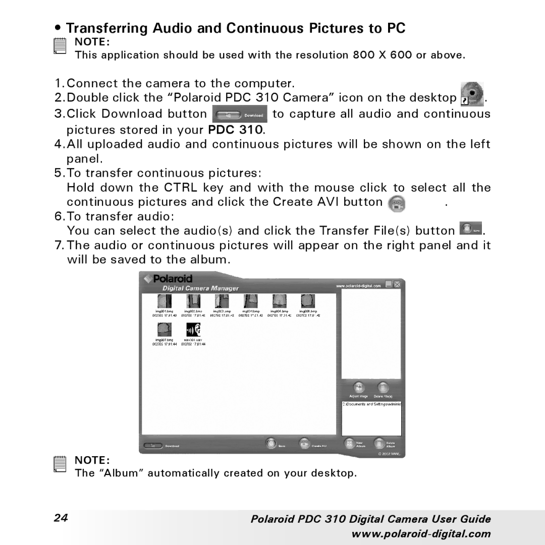 Polaroid PDC 310 manual Transferring Audio and Continuous Pictures to PC 