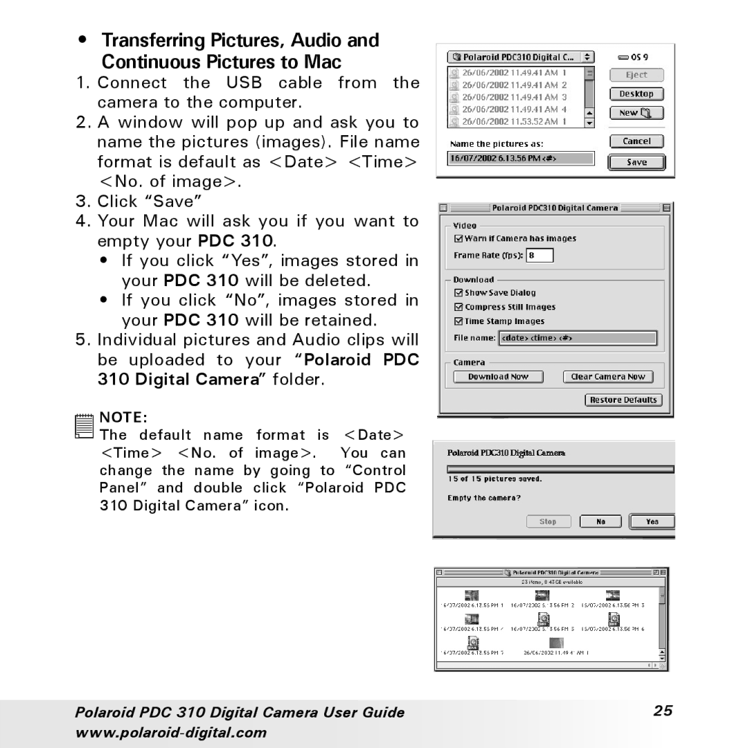 Polaroid PDC 310 manual Transferring Pictures, Audio and Continuous Pictures to Mac 