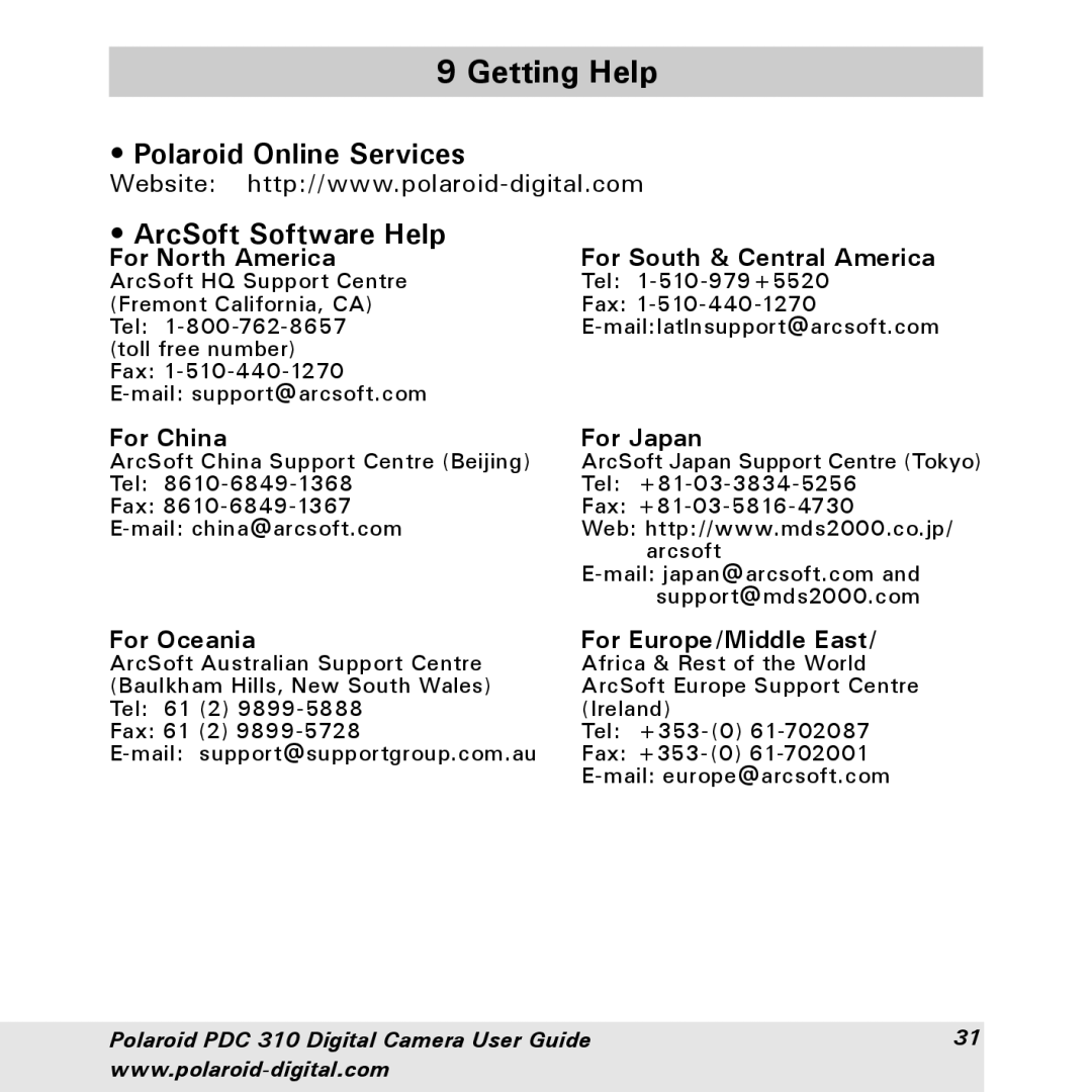 Polaroid PDC 310 Getting Help, Polaroid Online Services ArcSoft Software Help, For North America, For China For Japan 
