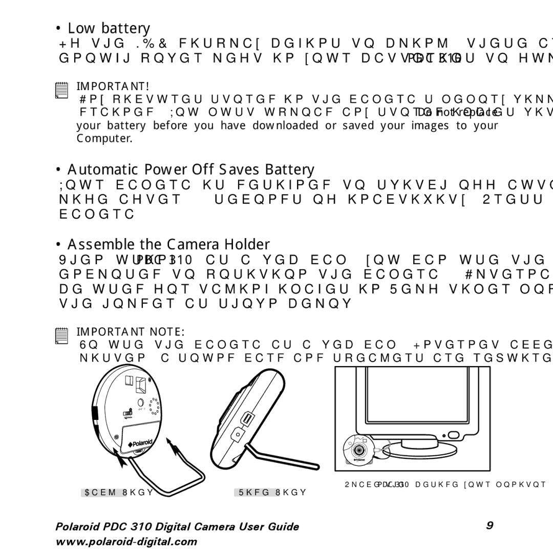 Polaroid PDC 310 manual Low battery, Automatic Power Off Saves Battery, Assemble the Camera Holder 