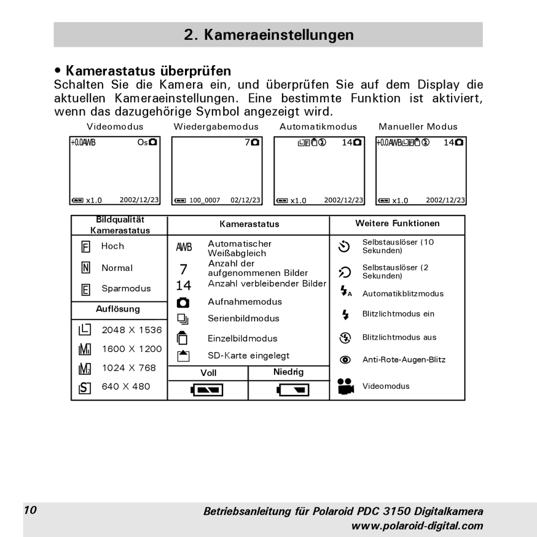 Polaroid PDC 3150 manual Kameraeinstellungen, Kamerastatus überprüfen 