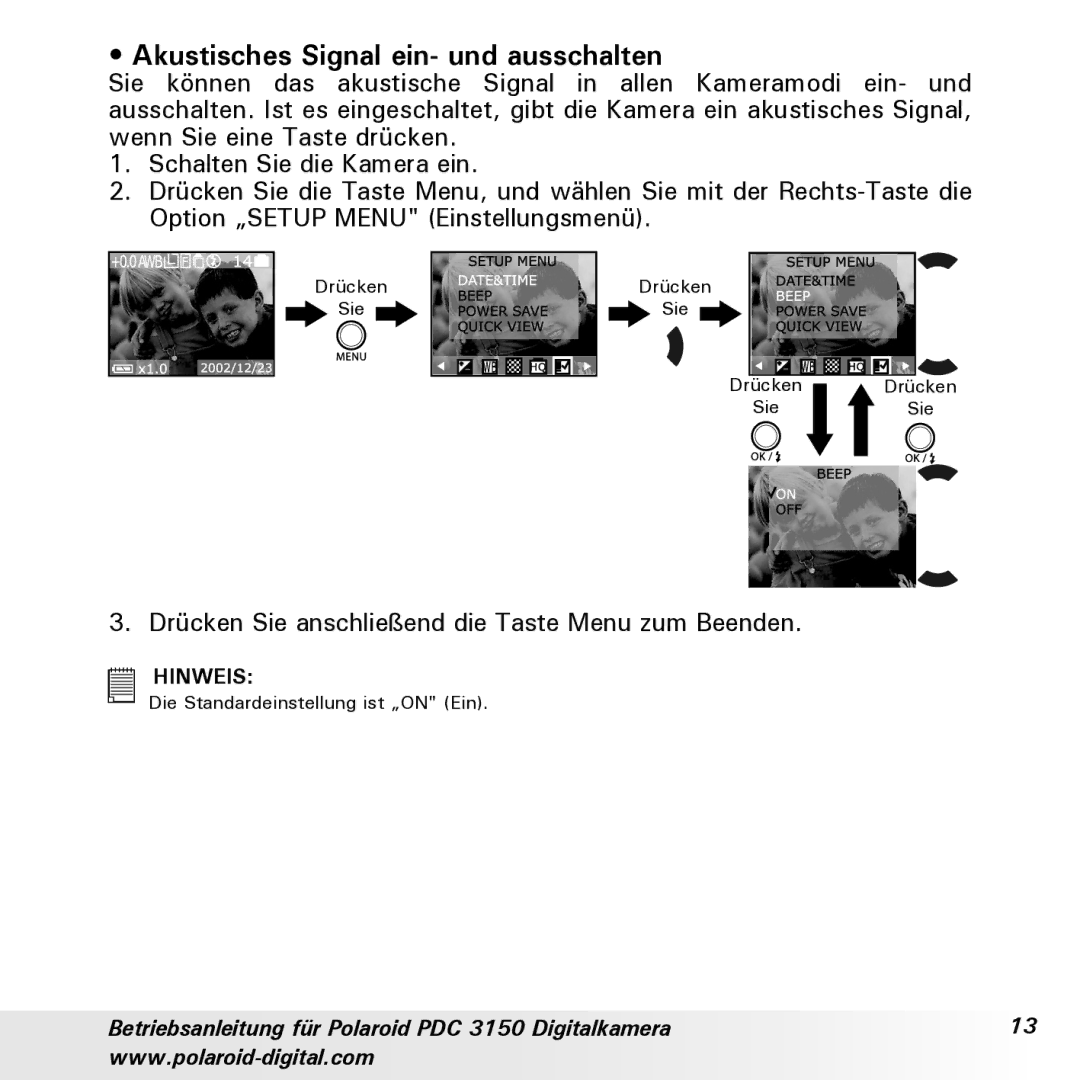 Polaroid PDC 3150 manual Akustisches Signal ein- und ausschalten, Drücken Sie anschließend die Taste Menu zum Beenden 