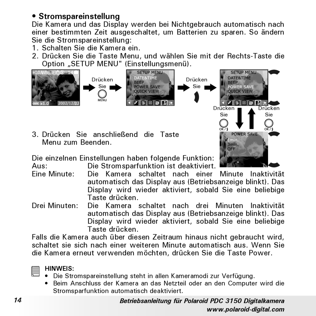 Polaroid PDC 3150 manual Stromspareinstellung 