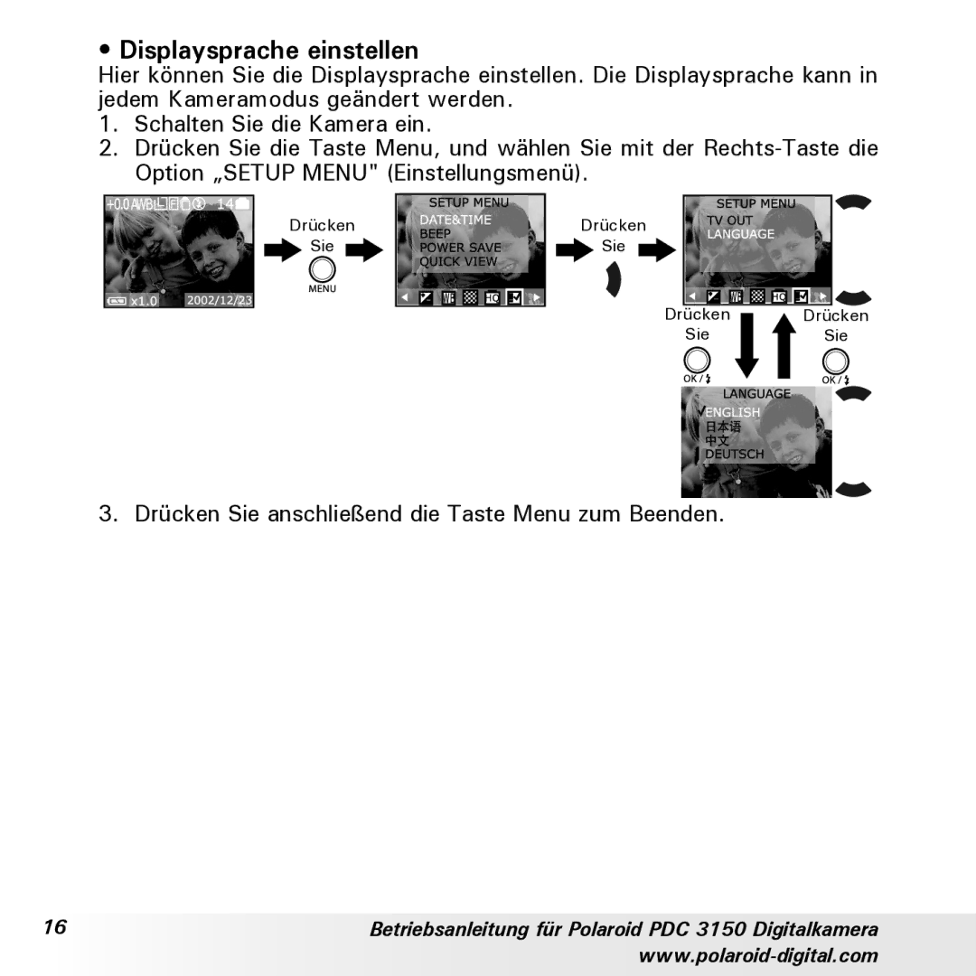 Polaroid PDC 3150 manual Displaysprache einstellen 