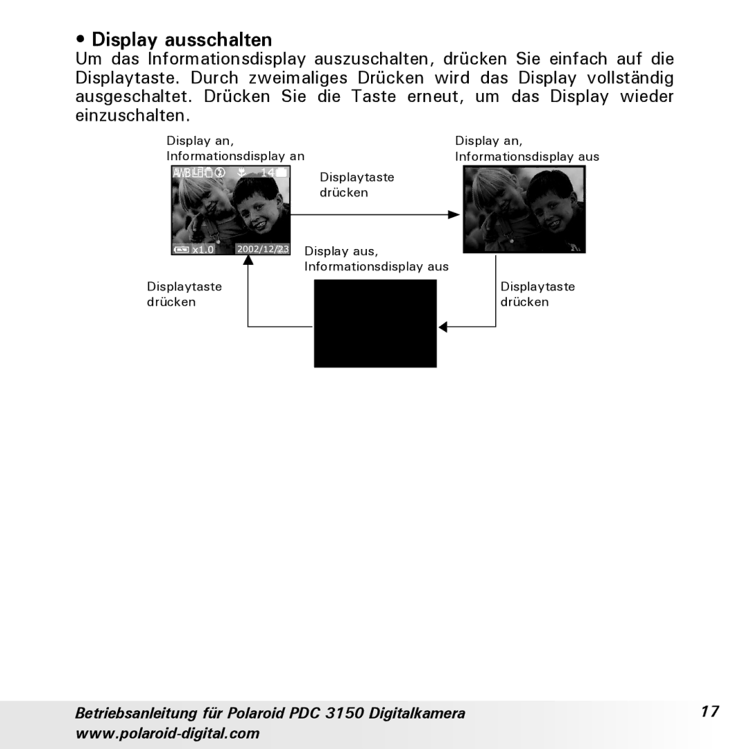 Polaroid PDC 3150 manual Display ausschalten 