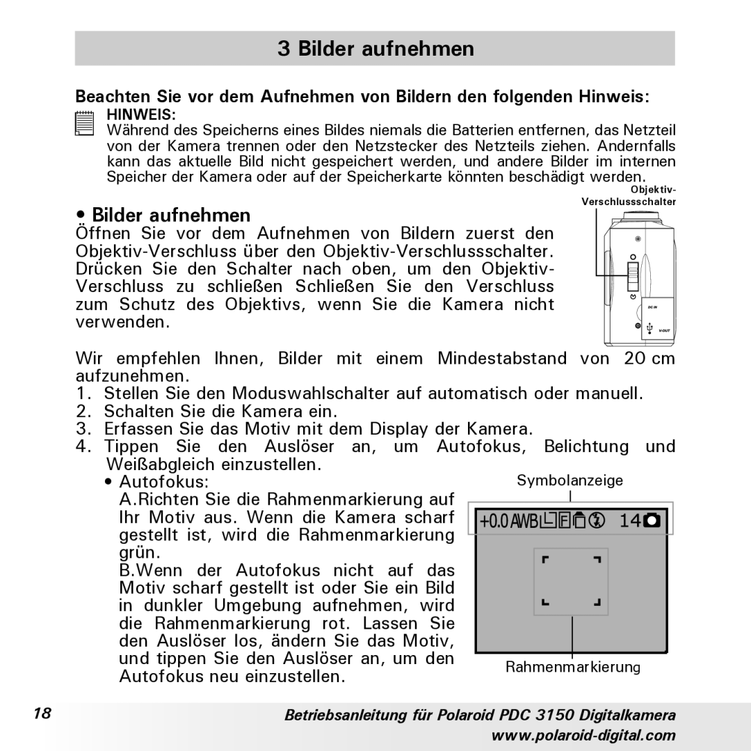 Polaroid PDC 3150 manual Bilder aufnehmen 