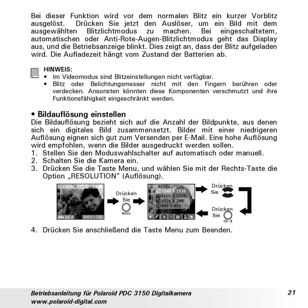 Polaroid PDC 3150 manual Bildauflösung einstellen 