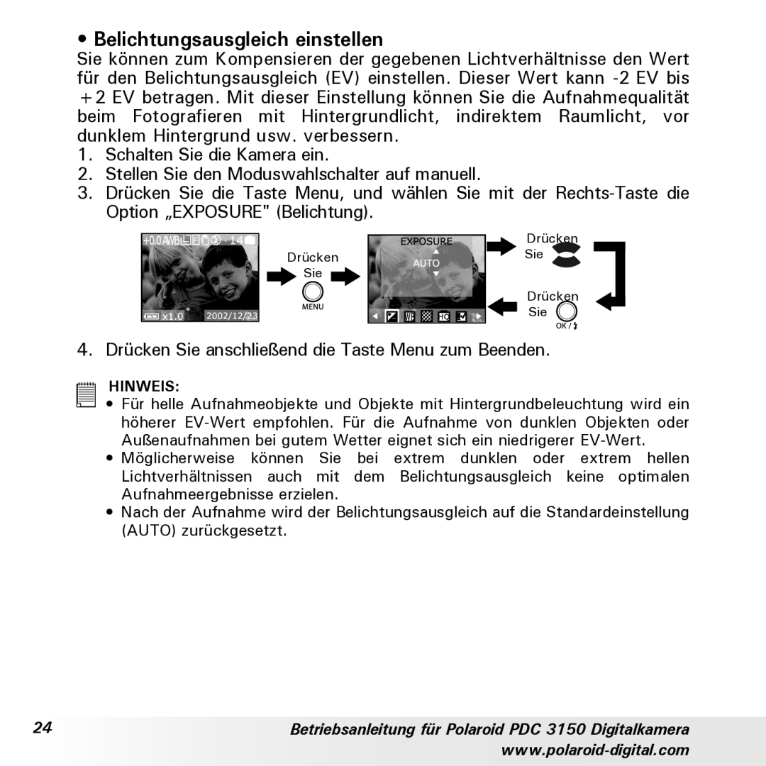 Polaroid PDC 3150 manual Belichtungsausgleich einstellen 