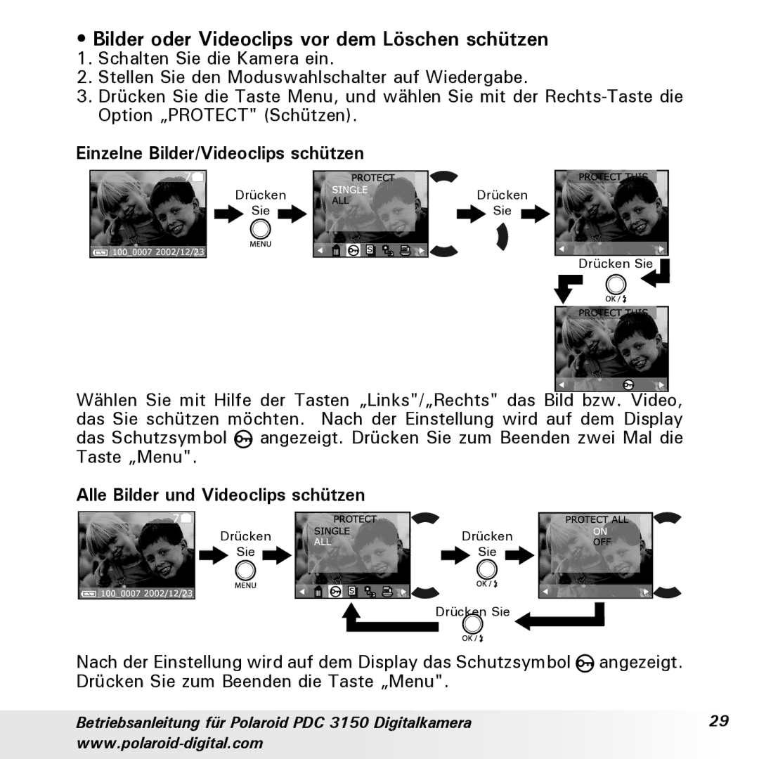 Polaroid PDC 3150 manual Bilder oder Videoclips vor dem Löschen schützen, Einzelne Bilder/Videoclips schützen 