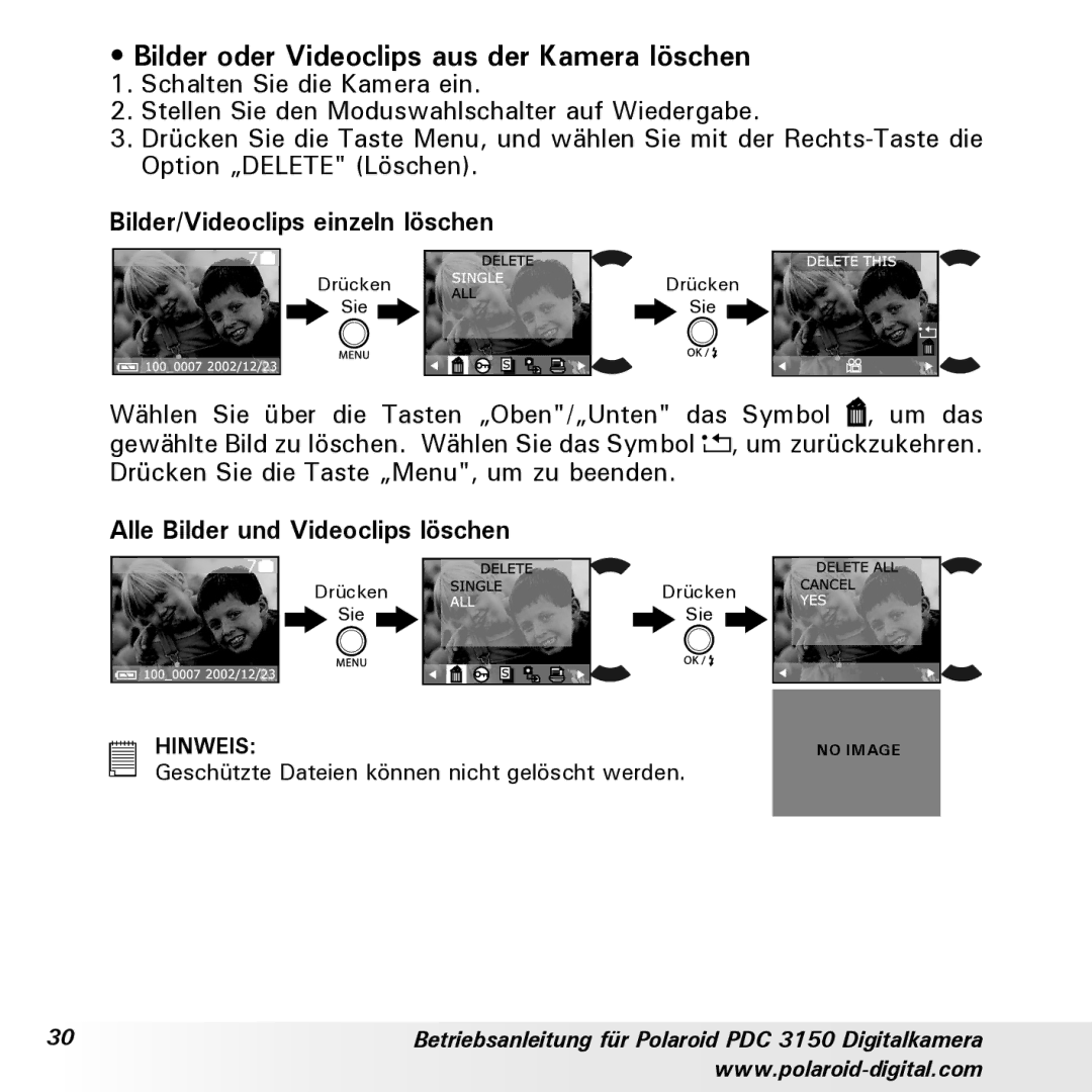 Polaroid PDC 3150 manual Bilder oder Videoclips aus der Kamera löschen, Bilder/Videoclips einzeln löschen 