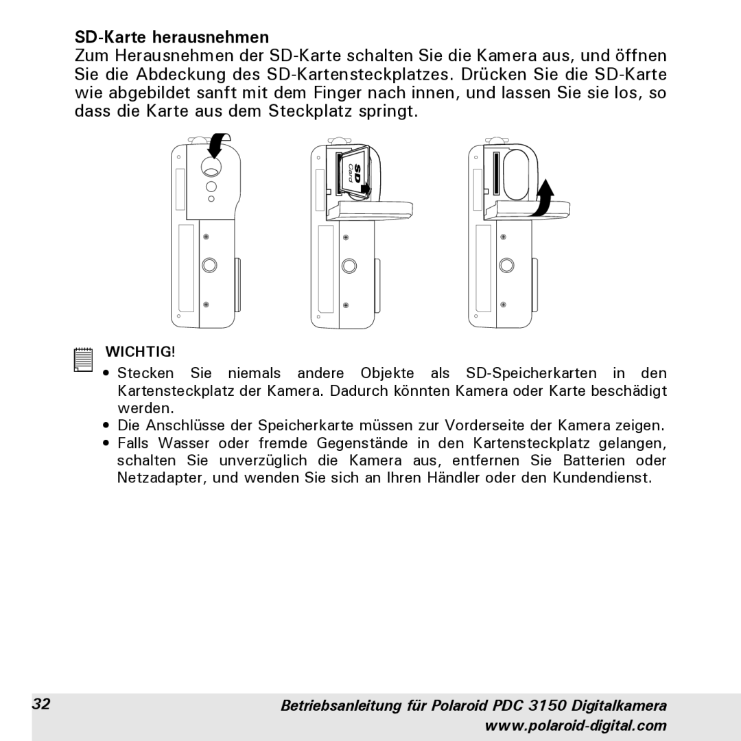 Polaroid PDC 3150 manual SD-Karte herausnehmen 