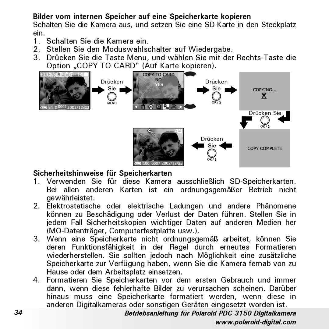 Polaroid PDC 3150 Bilder vom internen Speicher auf eine Speicherkarte kopieren, Sicherheitshinweise für Speicherkarten 